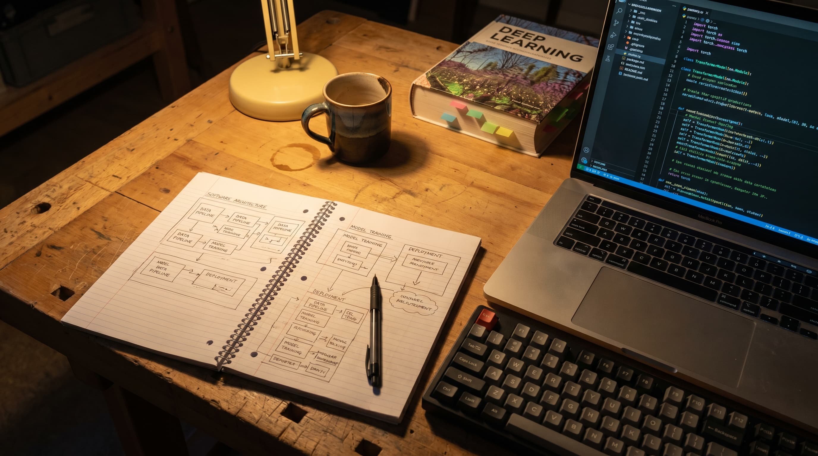 An overhead view of a wooden workbench: open laptop with Python code on screen, mechanical keyboard, a notebook with hand-drawn architecture diagrams, a Deep Learning textbook, and a ceramic coffee mug, lit by a warm desk lamp