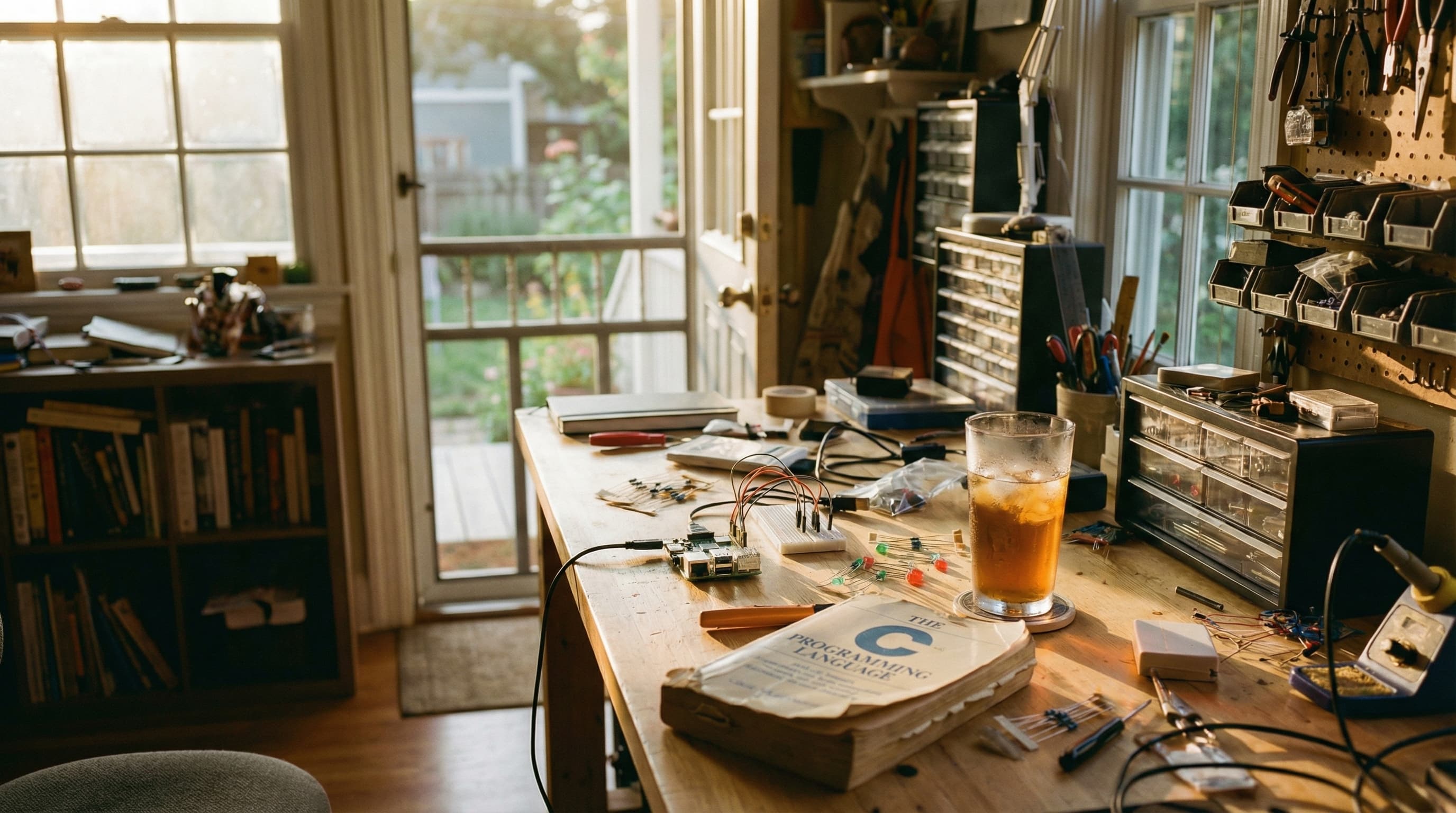 A warm Louisiana workshop with electronics, a programming book, and a glass of iced tea on a wooden workbench